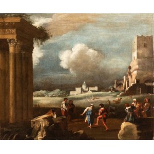 Filippo Napoletano (Napoli 1589 - Roma 1629), A Landscape with a Peasant Dance, Roman Ruins, and St. Peter’s Basilica in the Background