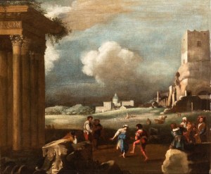 Filippo Napoletano (Napoli 1589 - Roma 1629), A Landscape with a Peasant Dance, Roman Ruins, and St. Peter’s Basilica in the Background