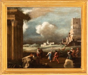 Filippo Napoletano (Napoli 1589 - Roma 1629), A Landscape with a Peasant Dance, Roman Ruins, and St. Peter’s Basilica in the Background