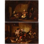 Artista fiammingo, XVII secolo, a) Interior Family Scene; b) Card Players Quarreling. Pair of Paintings