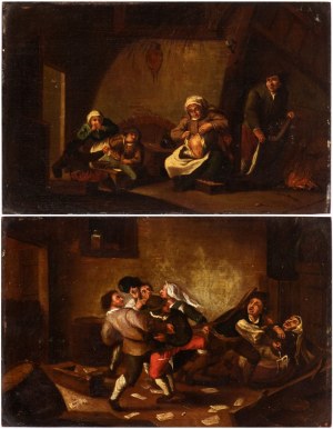 Artista fiammingo, XVII secolo, a) Interior Family Scene; b) Card Players Quarreling. Pair of Paintings