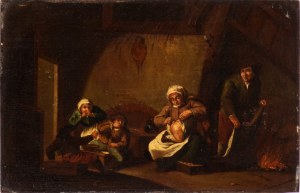 Artista fiammingo, XVII secolo, a) Interior Family Scene; b) Card Players Quarreling. Pair of Paintings