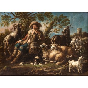 Domenico Brandi (Napoli 1684 - 1736), Flock at rest with shepherd smoking a pipe