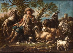 Domenico Brandi (Napoli 1684 - 1736), Flock at rest with shepherd smoking a pipe