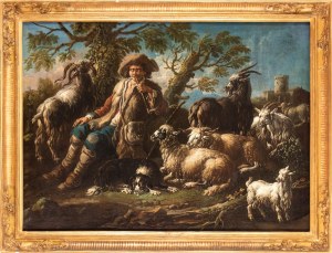 Domenico Brandi (Napoli 1684 - 1736), Flock at rest with shepherd smoking a pipe
