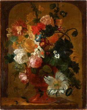Willem van Leen (cerchia di) (Dordrecht 1753 - 1825), Bouquet of flowers in a metal vase