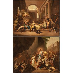 Jean Jouvenet (cerchia di) (Rouen 1644 - Parigi 1717), a) The feast in the House of Simon the Pharisee; b) The Resurrection of Lazarus. Pair of paintings