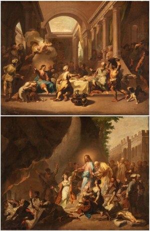 Jean Jouvenet (cerchia di) (Rouen 1644 - Parigi 1717), a) The feast in the House of Simon the Pharisee; b) The Resurrection of Lazarus. Pair of paintings