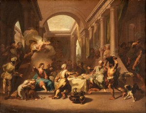 Jean Jouvenet (cerchia di) (Rouen 1644 - Parigi 1717), a) The feast in the House of Simon the Pharisee; b) The Resurrection of Lazarus. Pair of paintings
