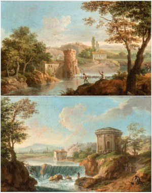 Paolo Anesi (1697 - 1773), a) Fanciful view of the Roman Campagna, with fishermen by a stream and a village; b) Fanciful view of the Roman Campagna, with fishermen, small waterfalls, and a circular temple. A pair of paintings