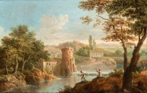 Paolo Anesi (1697 - 1773), a) Fanciful view of the Roman Campagna, with fishermen by a stream and a village; b) Fanciful view of the Roman Campagna, with fishermen, small waterfalls, and a circular temple. A pair of paintings