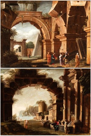 Niccolò Codazzi (Napoli 1642 - Genova 1693), a) Capriccio with Christ and the Magdalene; b) Capriccio with Christ and the Samaritan Woman at the well. Pair of paintings