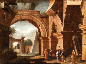 Niccolò Codazzi (Napoli 1642 - Genova 1693), a) Capriccio with Christ and the Magdalene; b) Capriccio with Christ and the Samaritan Woman at the well. Pair of paintings