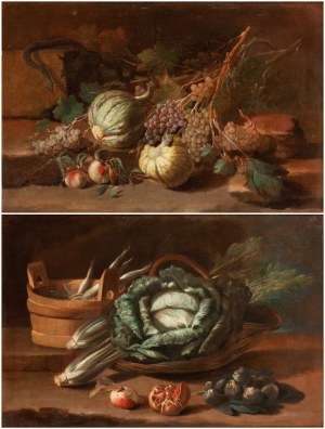 Nicola Levoli (attribuito a) (Rimini 1728 - 1801), a) Still life with grapes, pumpkins, peaches, and a snake; b) Still life with cabbage, celery, pomegranates, and figs. Pair of paintings