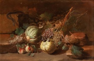 Nicola Levoli (attribuito a) (Rimini 1728 - 1801), a) Still life with grapes, pumpkins, peaches, and a snake; b) Still life with cabbage, celery, pomegranates, and figs. Pair of paintings