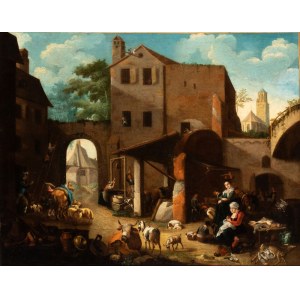 Artista olandese, XVII - XVIII secolo, Courtyard Scene with Figures, Animals, and a Church in the Background.