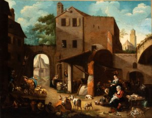 Artista olandese, XVII - XVIII secolo, Courtyard Scene with Figures, Animals, and a Church in the Background.