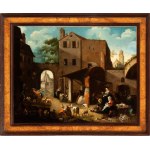 Artista olandese, XVII - XVIII secolo, Courtyard Scene with Figures, Animals, and a Church in the Background.