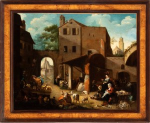 Artista olandese, XVII - XVIII secolo, Courtyard Scene with Figures, Animals, and a Church in the Background.