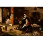 Artista olandese, XVII - XVIII secolo, Courtyard Scene with Figures, Animals, and a Church in the Background.