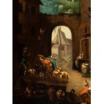Artista olandese, XVII - XVIII secolo, Courtyard Scene with Figures, Animals, and a Church in the Background.