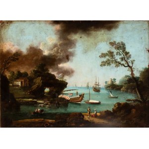 Artista francese, XVIII secolo, Coastal view with a rock arch, figures, and boats