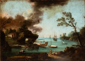 Artista francese, XVIII secolo, Coastal view with a rock arch, figures, and boats