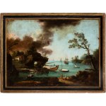 Artista francese, XVIII secolo, Coastal view with a rock arch, figures, and boats