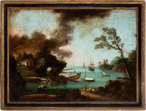 Artista francese, XVIII secolo, Coastal view with a rock arch, figures, and boats