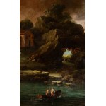 Artista francese, XVIII secolo, Coastal view with a rock arch, figures, and boats