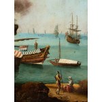 Artista francese, XVIII secolo, Coastal view with a rock arch, figures, and boats