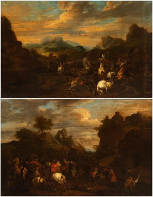 il Borgognone (cerchia di) (Saint-Hyppolite 1621 - Roma 1676), a) Battle of knights in an open field; b) Battle of knights with fortress in the background. Pair of paintings