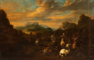 il Borgognone (cerchia di) (Saint-Hyppolite 1621 - Roma 1676), a) Battle of knights in an open field; b) Battle of knights with fortress in the background. Pair of paintings