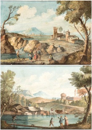 Artista veneto, XVIII secolo, a) Landscape with peasants, a stream, and a small village; b) Landscape with shepherds, a body of water, livestock, and a village in the background. Pair of paintings