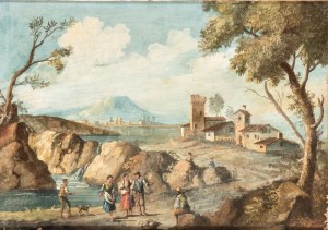 Artista veneto, XVIII secolo, a) Landscape with peasants, a stream, and a small village; b) Landscape with shepherds, a body of water, livestock, and a village in the background. Pair of paintings