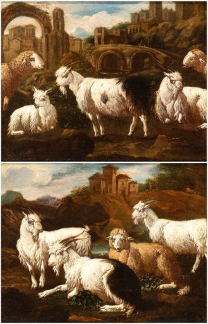 detto Rosa da Tivoli (Francoforte 1655 - Tivoli 1706), a) Flock among roman ruins with an arch in the background; b) Flock in a landscape with a building in the background. Pair of paintings