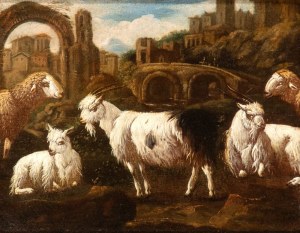 detto Rosa da Tivoli (Francoforte 1655 - Tivoli 1706), a) Flock among roman ruins with an arch in the background; b) Flock in a landscape with a building in the background. Pair of paintings