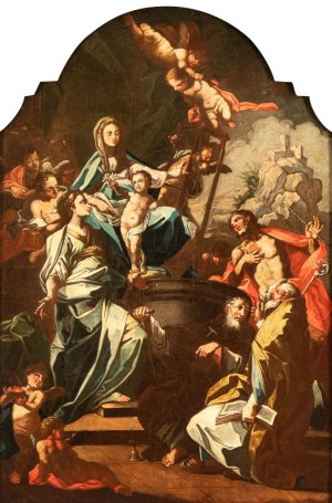 Artista napoletano, XVIII secolo, Enthroned Madonna and Child with angels and saints Angels