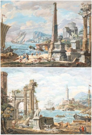 Artista attivo a Roma, XVIII secolo, a) A Coastal Capriccio with Classical Monuments and Fishermen; b) A Coastal Capriccio with Roman Ruins, Boats, and Figures