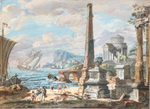 Artista attivo a Roma, XVIII secolo, a) A Coastal Capriccio with Classical Monuments and Fishermen; b) A Coastal Capriccio with Roman Ruins, Boats, and Figures