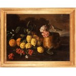 Giuseppe Ruoppolo (Napoli, 1631 - 1710) (ambito di), Still life with lemons, strawberrys and a little bird