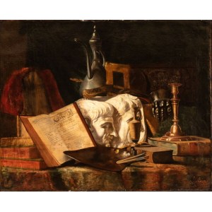 Artista francese, XIX secolo, Vanitas with books, plaster casts, teapot, and palette