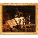 Artista francese, XIX secolo, Vanitas with books, plaster casts, teapot, and palette