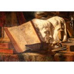 Artista francese, XIX secolo, Vanitas with books, plaster casts, teapot, and palette