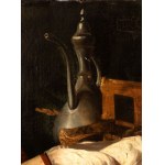 Artista francese, XIX secolo, Vanitas with books, plaster casts, teapot, and palette
