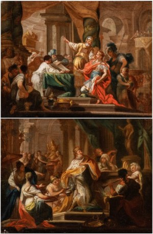 Sebastiano Conca (ambito di) (Gaeta 1680 - Napoli 1764), a) Alexander the Great in the Temple of Jerusalem; b) The idolatry of King Solomon. Pair ofpaintings