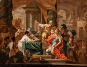 Sebastiano Conca (ambito di) (Gaeta 1680 - Napoli 1764), a) Alexander the Great in the Temple of Jerusalem; b) The idolatry of King Solomon. Pair ofpaintings