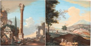 Artista attivo a Roma, fine XVIII - inizio XIX secolo, a) Countryside landscape with travellers; b) Architectural capriccio with ruins and figures. Pair of paintings