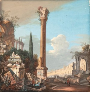 Artista attivo a Roma, fine XVIII - inizio XIX secolo, a) Countryside landscape with travellers; b) Architectural capriccio with ruins and figures. Pair of paintings