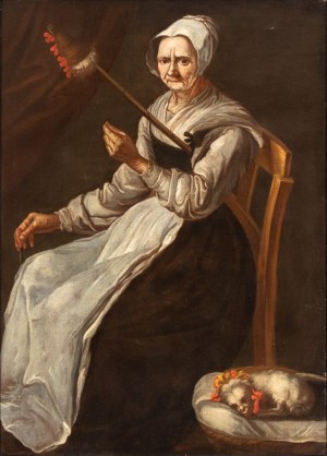 Artista lombardo, XVIII secolo, Portrait of an elderly woman with a spindle and a little dog